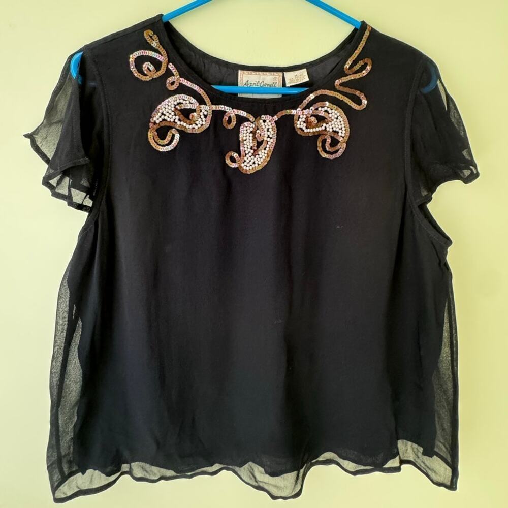 Vtg April Cornell Womens Shirt Blouse Size M NEW Black Beaded Boho Sheer Flutter